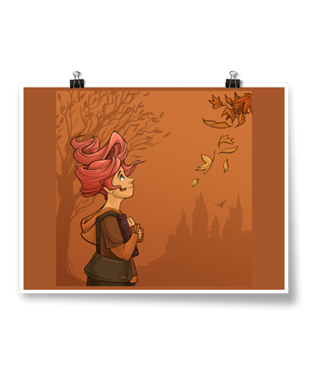 A poster of Celara in the fall, walking among the trees and gazing up at falling leaves. From Karen Hallion.  