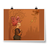 A poster of Celara in the fall, walking among the trees and gazing up at falling leaves. From Karen Hallion.  