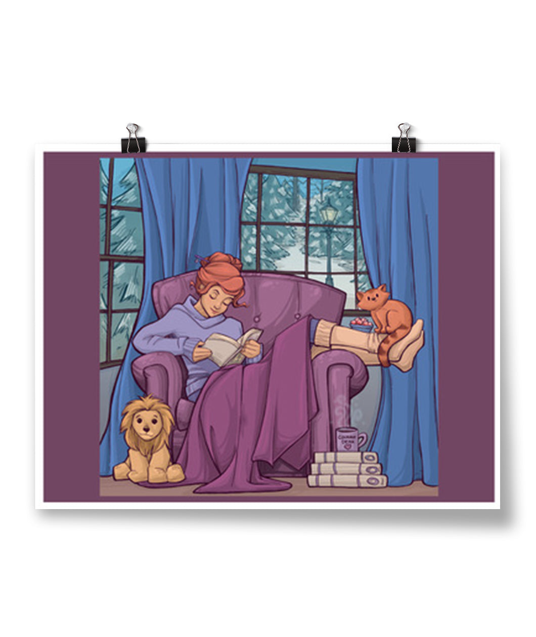A poster of Celara reading in a chair with a blanket draped over her, a cat perched on her feet and a steaming cup of coffee at her feet. From Karen Hallion.