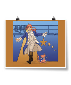 A poster of Celara wearing a uniform walking with her arms open with a small cat next to her also in a uniform with its arms open. From Karen Hallion.