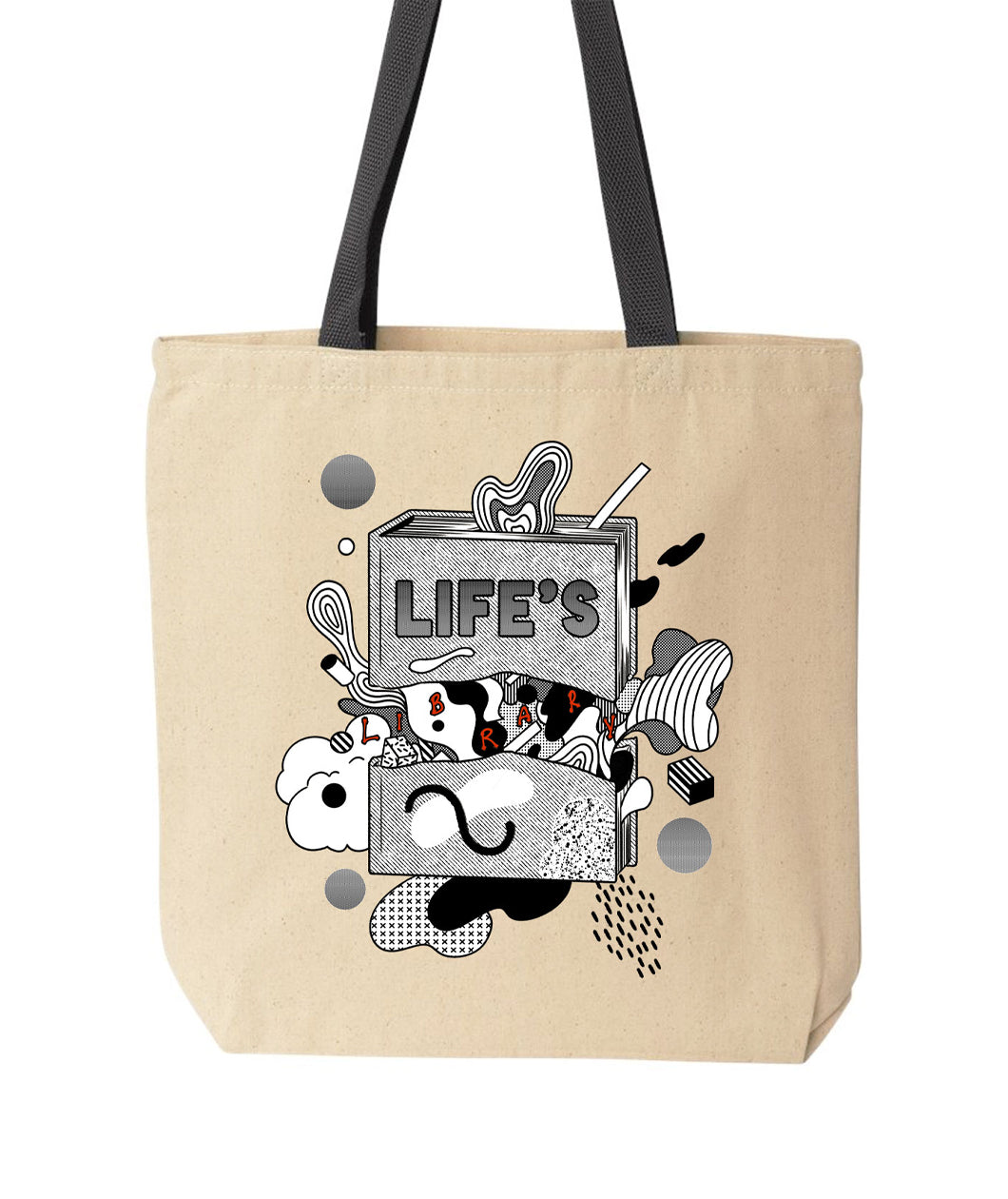 A canvas tote bag with a grey book the the words "Life's Library" on the book. 