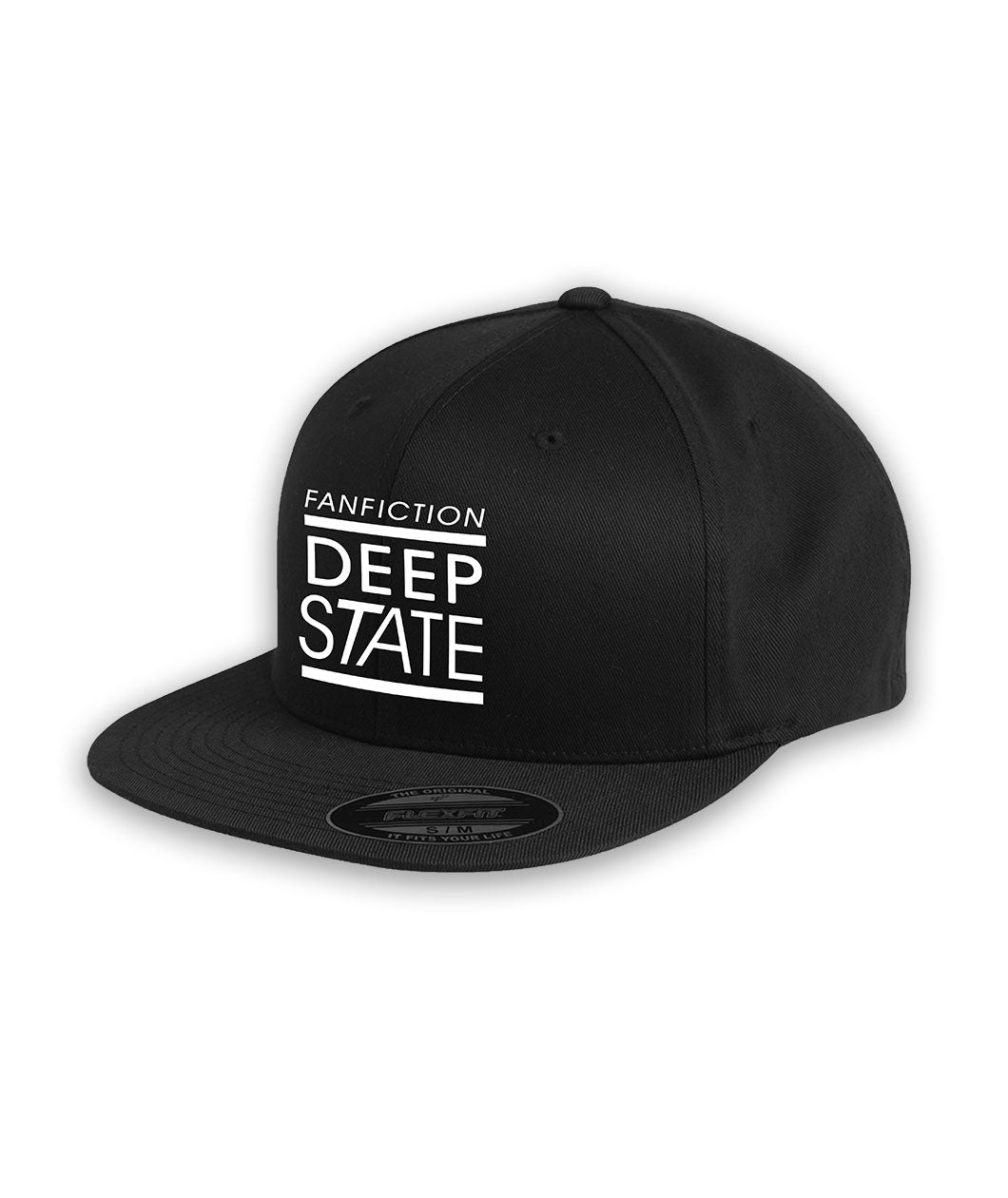 Black hat with “Fanfiction Deep State” in sans serif font on front center of hat. Two horizontal white lines surround “Deep State” - from Lindsay Ellis