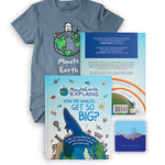 A bundle from Minute Earth. Includes a blue t-shirt with a drawing of earth on it with a house, mountains and a stick figure on top and "Minute Earth" below. A book titled "Minute Earth Explains; How did whales get so big?" with an illustration of earth with a large whale coming out of the top and other symbols like a sun, airplane, a house, a cast, a dinosaur, etc. Lastly, in the bundle is a pin shaped like a blue whale.
