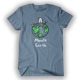 A blue t-shirt with a drawing of earth on it with a house, mountains and a stick figure on top and "Minute Earth" below. 