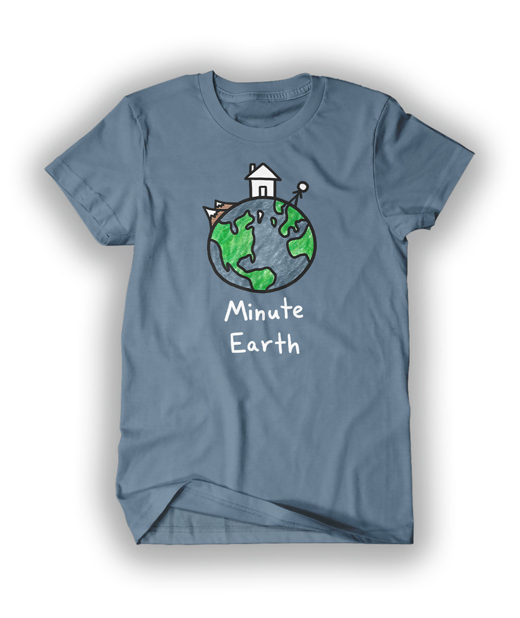 A blue t-shirt with a drawing of earth on it with a house, mountains and a stick figure on top and "Minute Earth" below. 