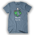 A blue t-shirt with a drawing of earth on it with a house, mountains and a stick figure on top and "Minute Earth" below.