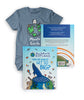 A bundle from Minute Earth. Includes a blue t-shirt with a drawing of earth on it with a house, mountains and a stick figure on top and "Minute Earth" below. A book titled "Minute Earth Explains; How did whales get so big?" with an illustration of earth with a large whale coming out of the top and other symbols like a sun, airplane, a house, a cast, a dinosaur, etc.