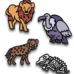 Four different pins featuring a lion, a vulture, a hyena and a zebra skeleton.
