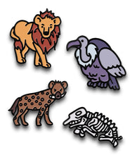 Four different pins featuring a lion, a vulture, a hyena and a zebra skeleton.