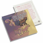 A hyena pin on a pin backing that gives facts about the hyena.