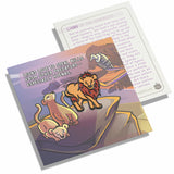 A lion pin on a pin backing that gives facts about the lion.