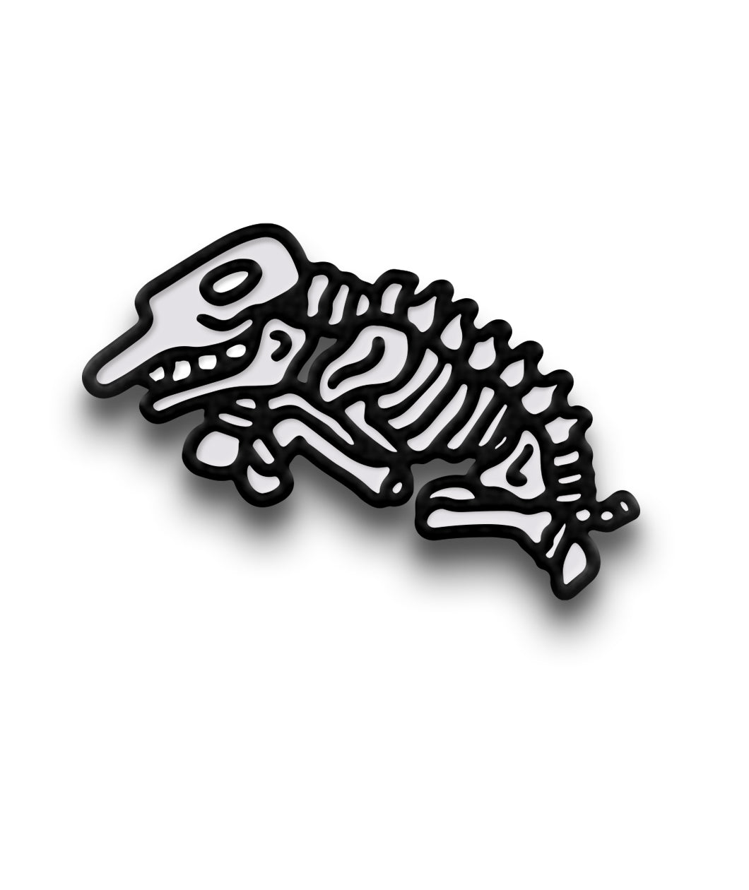 A pin of a black and white zebra skeleton.