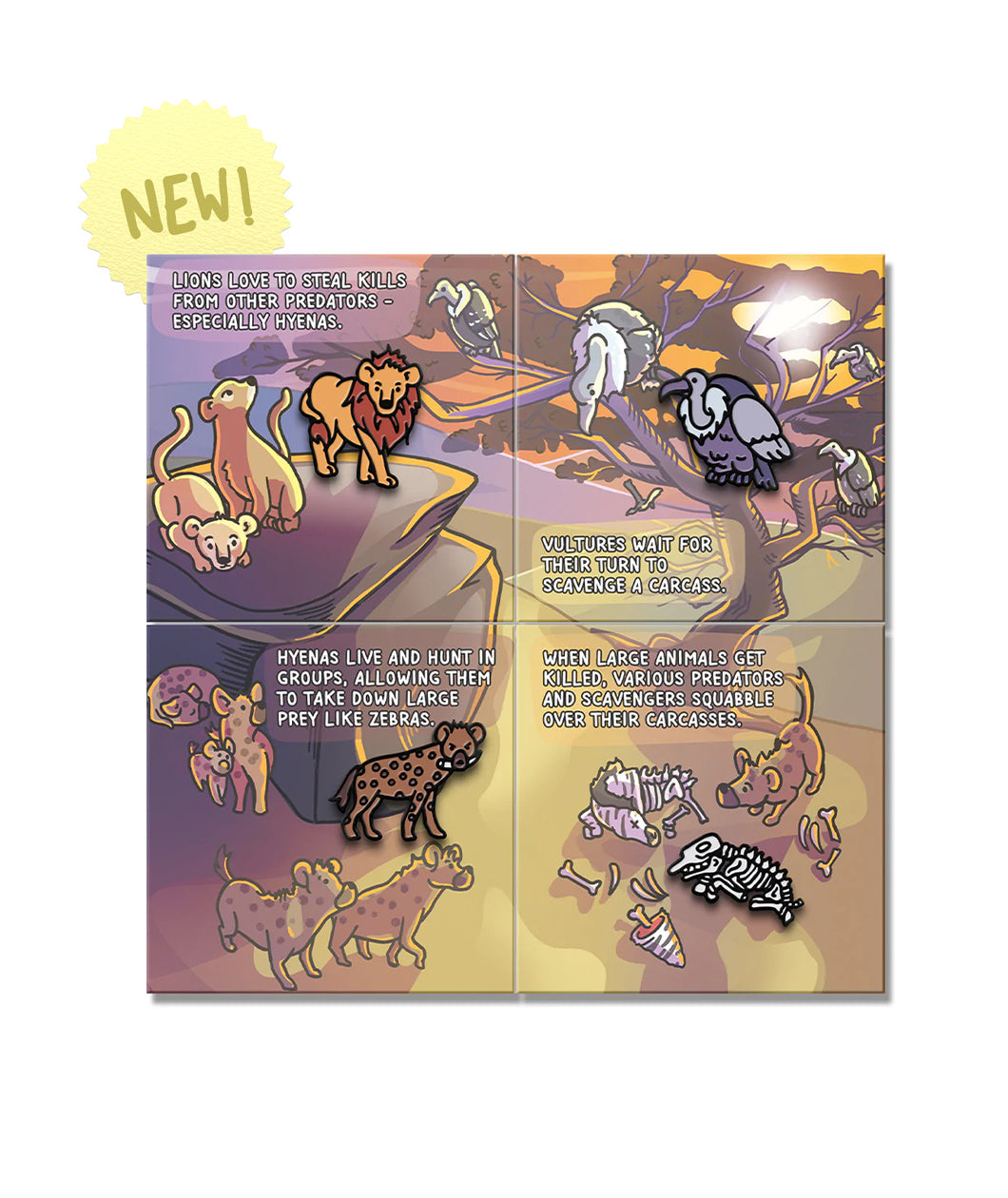A grid of 4 pins with picture backgrounds featuring a lion, a vulture, a hyena and a zebra skeleton. All 4 pin backing fit together to form a bigger desert picture. 