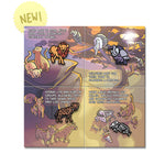 A grid of 4 pins with picture backgrounds featuring a lion, a vulture, a hyena and a zebra skeleton. All 4 pin backing fit together to form a bigger desert picture. 
