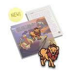 A lion pin on a pin backing that gives facts about the lion.