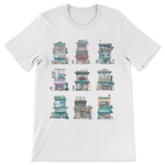 A white t-shirt with nine different watercolor Tokyo storefronts painted by Mateusz Urbanowicz in a 3 by 3 grid on the front.