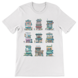A white t-shirt with nine different watercolor Tokyo storefronts painted by Mateusz Urbanowicz in a 3 by 3 grid on the front.