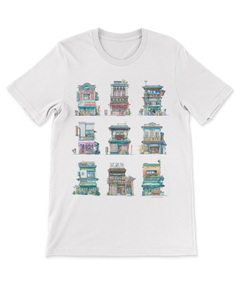 A white t-shirt with nine different watercolor Tokyo storefronts painted by Mateusz Urbanowicz in a 3 by 3 grid on the front.