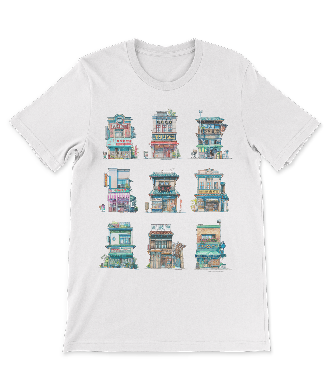 A white t-shirt with nine different watercolor Tokyo storefronts painted by Mateusz Urbanowicz in a 3 by 3 grid on the front.