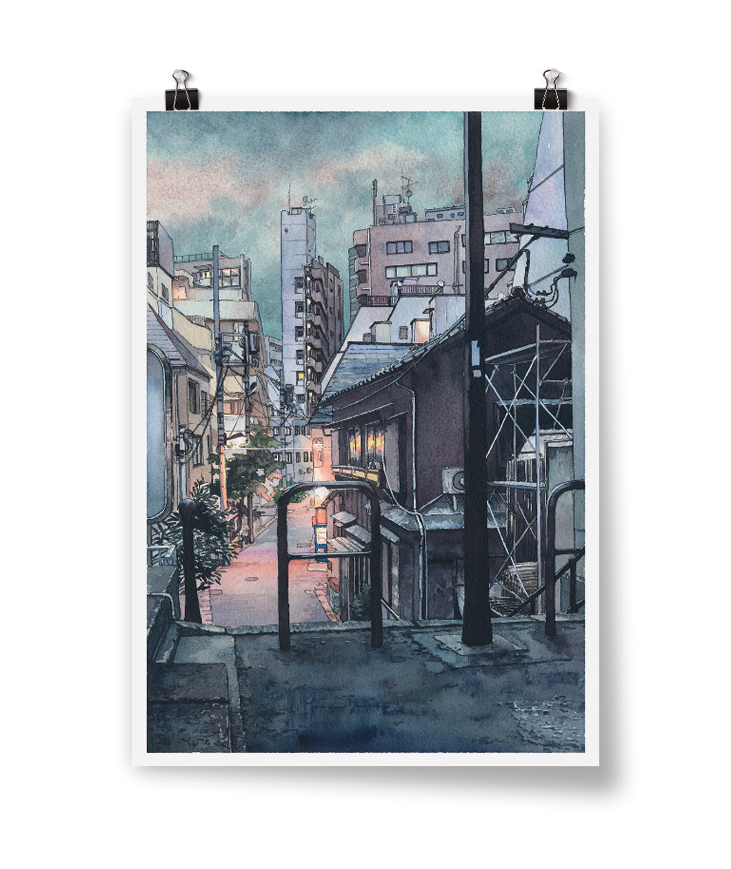 Poster of a water color by Mateusz Urbanowicz. Painted in cool colors, looking down a city street with buildings lit up. 