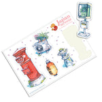 Sticker sheet with five different watercolor stickers from Mateusz Urbanowicz. One sticker is a fire hydrant, one is a lantern, one is a standing phone booth, one looks like a radiator and one is a garden sculpture.
