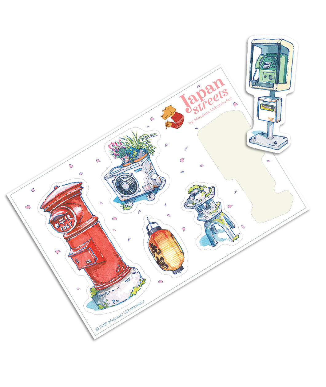 Sticker sheet with five different watercolor stickers from Mateusz Urbanowicz. One sticker is a fire hydrant, one is a lantern, one is a standing phone booth, one looks like a radiator and one is a garden sculpture.