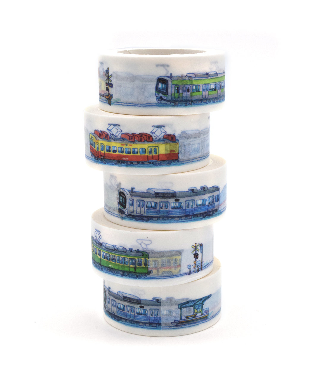 Stack of five washi tapes with water color trains of varying colors from Mateusz Urbanowicz. 