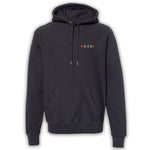 Black hoodie with “code;” in the top right of each hoodie. “Code;” is in red, pink, blue, yellow, and orange, respectively - from Mayuko Inoue
