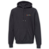 Black hoodie with “code;” in the top right of each hoodie. “Code;” is in red, pink, blue, yellow, and orange, respectively - from Mayuko Inoue
