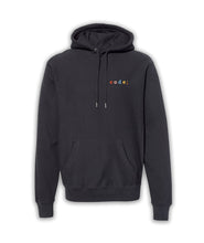 Black hoodie with “code;” in the top right of each hoodie. “Code;” is in red, pink, blue, yellow, and orange, respectively - from Mayuko Inoue