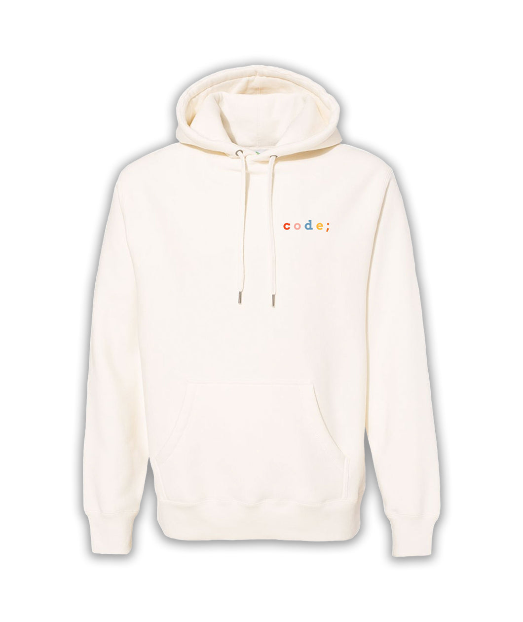 White hoodie with “code;” in the top right of each hoodie. “Code;” is in red, pink, blue, yellow, and orange, respectively - from Mayuko Inoue