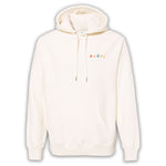 White hoodie with “code;” in the top right of each hoodie. “Code;” is in red, pink, blue, yellow, and orange, respectively - from Mayuko Inoue
