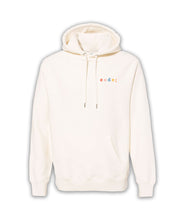 White hoodie with “code;” in the top right of each hoodie. “Code;” is in red, pink, blue, yellow, and orange, respectively - from Mayuko Inoue