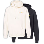 Black and white hoodie with “code;” in the top right of each hoodie. “Code;” is in red, pink, blue, yellow, and orange, respectively - from Mayuko Inoue