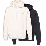 Black and white hoodie with “code;” in the top right of each hoodie. “Code;” is in red, pink, blue, yellow, and orange, respectively - from Mayuko Inoue