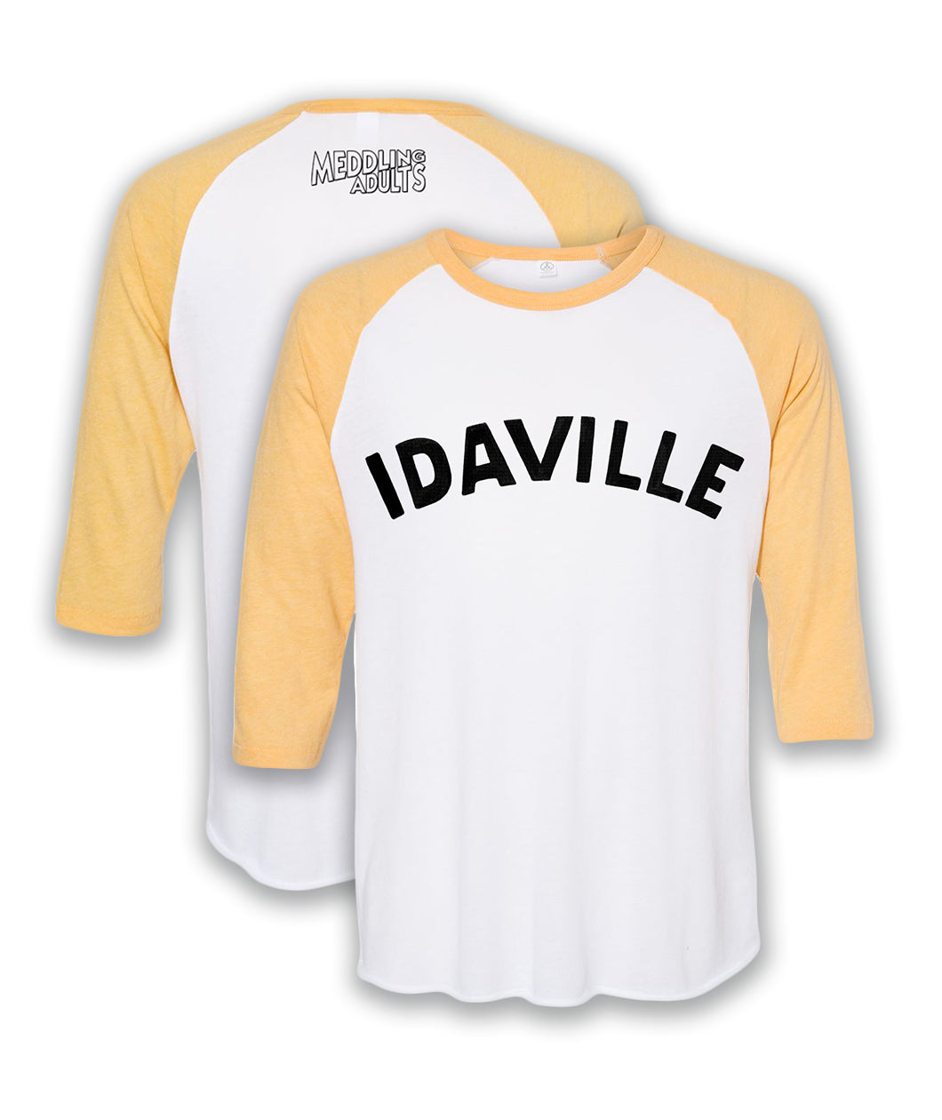 A white baseball tee with light yellow sleeve and trim. Across the front reads 