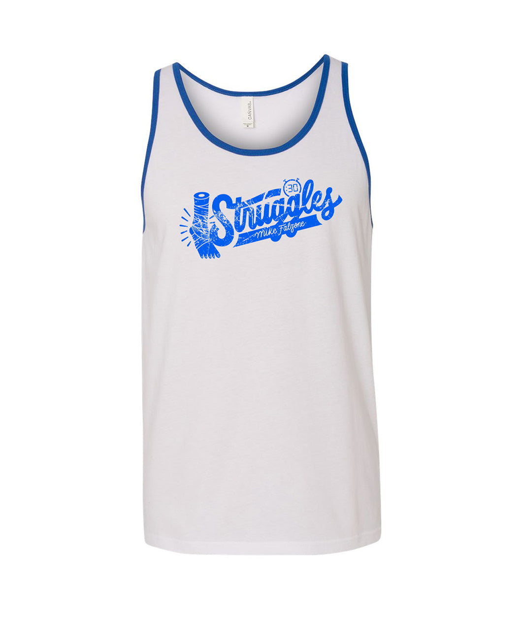 A white tank top with a blue hem around the neck and arms that read "Struggles; Mike Falzone" in blue next to a stopwatch set to 30 seconds and a bandaged foot. 