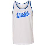 A white tank top with a blue hem around the neck and arms that read "Struggles; Mike Falzone" in blue next to a stopwatch set to 30 seconds and a bandaged foot. 