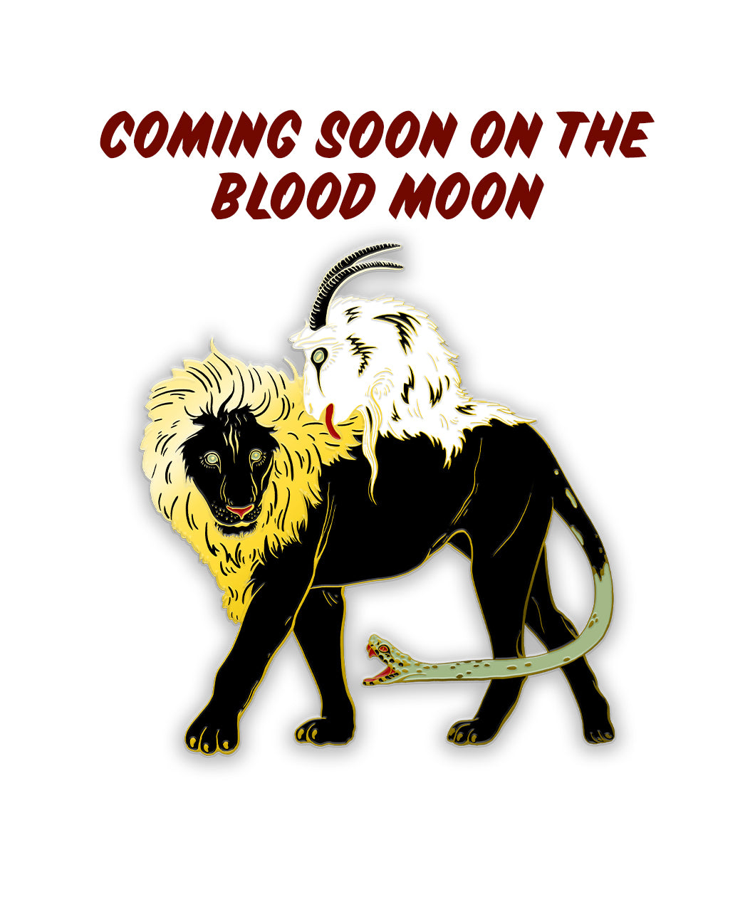 A black lion with a gold mane and gold highlights on lion. Tail is a green snake and on the back is a white goat head with black horns and a red tongue hanging out - from Monstrum 
