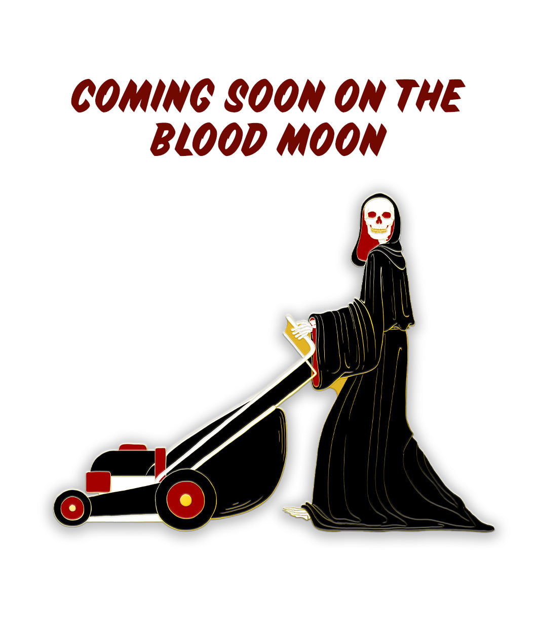 A black cloaked skeleton wearing a hood with a red inside. Gold highlights are over the cloak. Skeleton is pushing a lawnmower with white, black, and gold throughout design - from Monstrum
