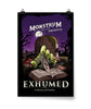 A poster showing a graveyard with silhouetted trees and grave stones and a purple sky in the background. A green hand reaches out from the grave reaching for a book. “Monstrum Presents” is at the top in white serif font with a stylized line below. “Exhumed A history of Zombies” is at the bottom in distressed white serif font - from Monstrum