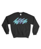 A black crewneck sweatshirt with a light blue brushstroke behind a purple, capital "M" to represent Multitude.