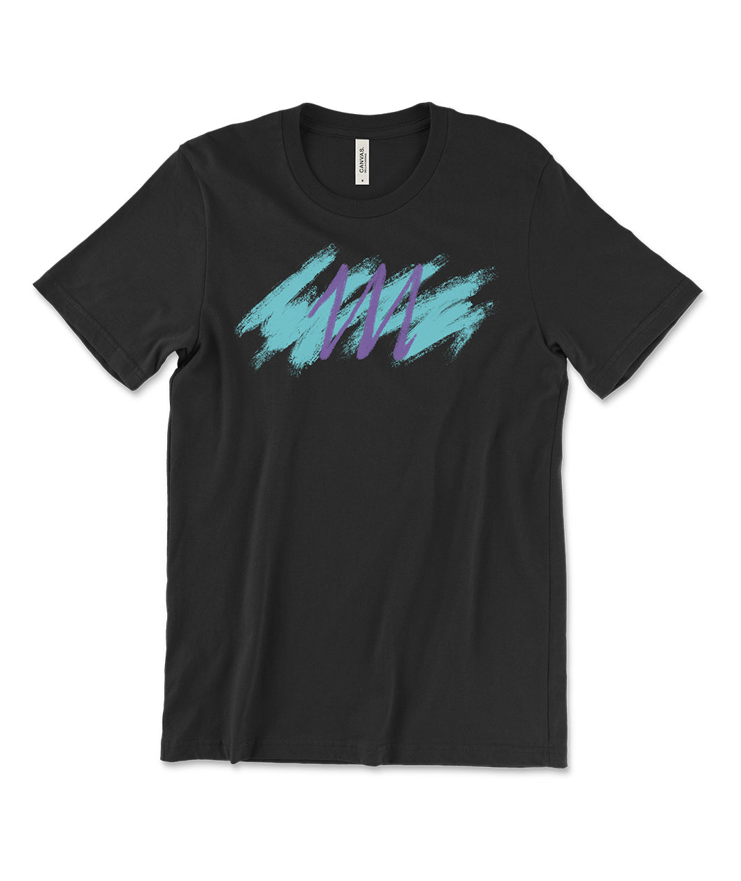 A black t-shirt with a light blue brushstroke behind a purple, capital 