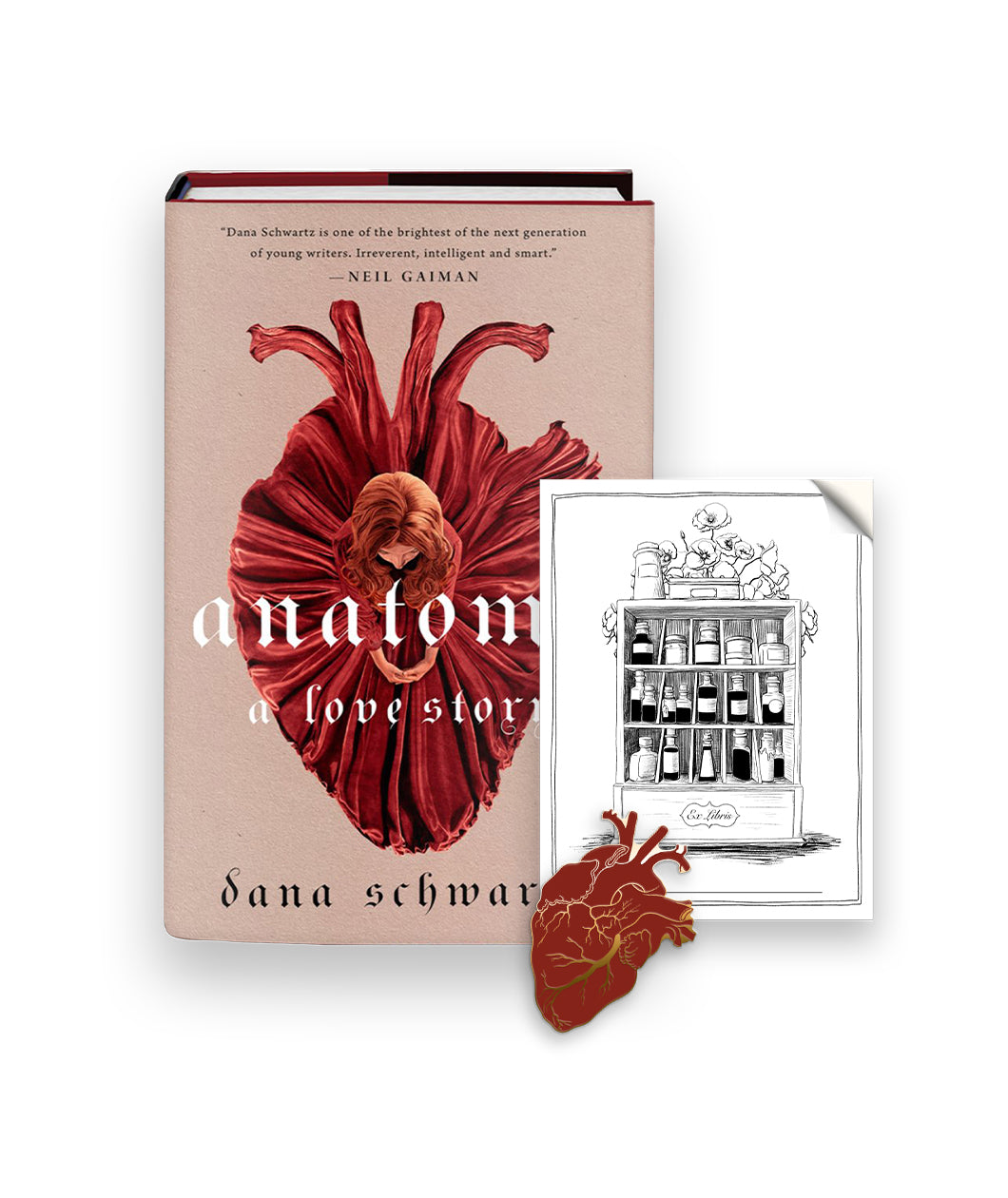  A Noble Blood Bundle featuring the book "Anatomy: A Love Story", a black and white bookplate sticker of a shelf with bottles on it, and a red and gold anatomical heart pin. 