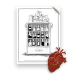 A Noble Blood Bundle featuring a black and white bookplate sticker of a shelf with bottles on it, and a red and gold anatomical heart pin.