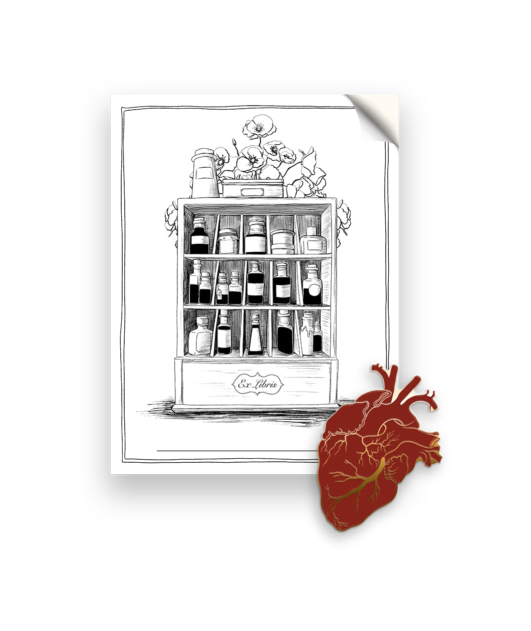 A Noble Blood Bundle featuring a black and white bookplate sticker of a shelf with bottles on it, and a red and gold anatomical heart pin.