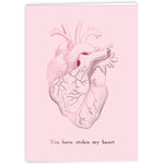 A light pink, vertical card with an illustrated anatomical heart on the front with the text "You have stolen my heart" right below it. The Anatomy Valentine's Day Card from Noble Blood. 