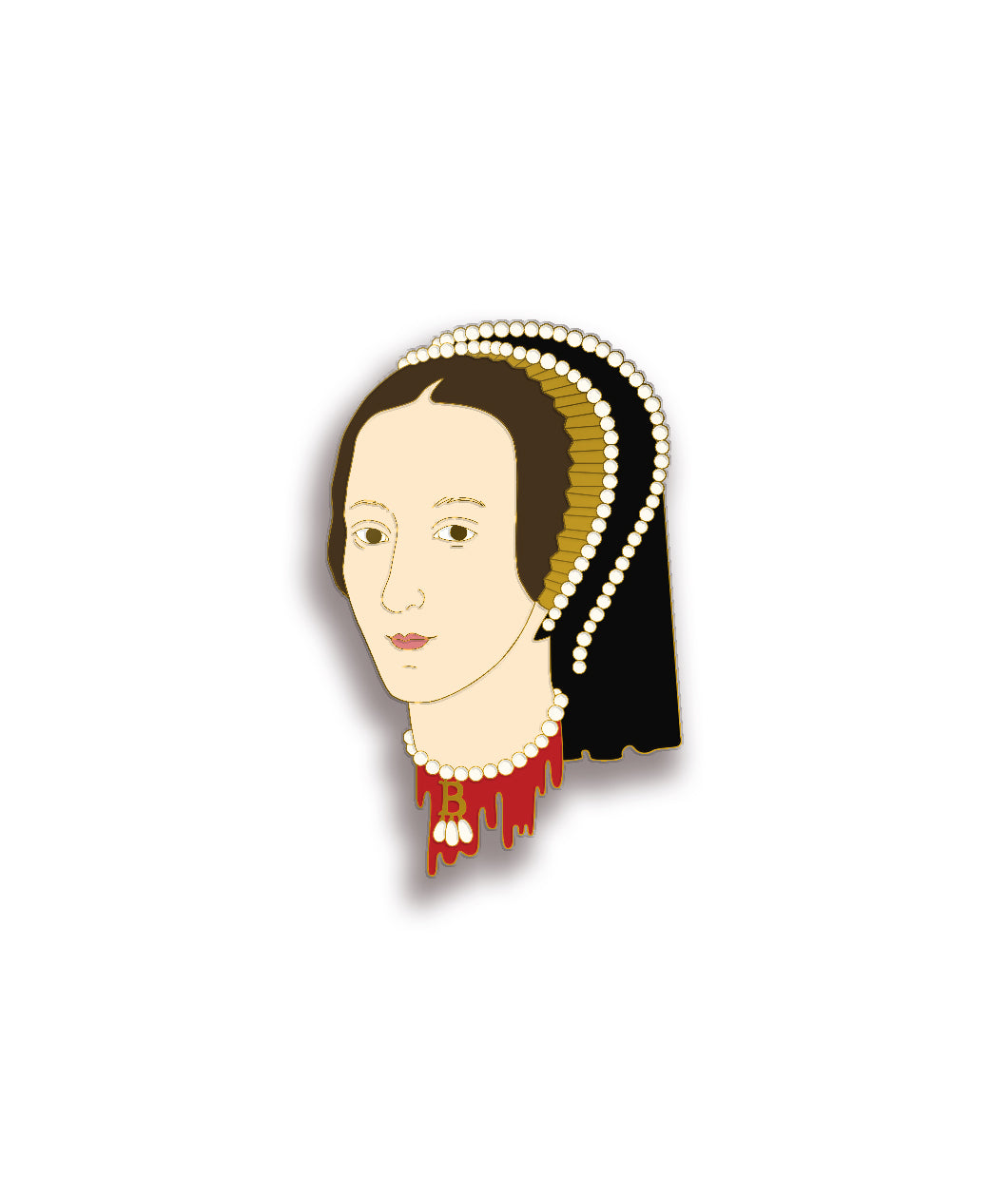 A Noble Blood pin of a decapitated, bloody head meant to represent Anne Boleyn.