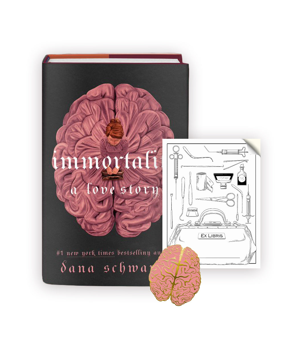 A black book with a pink brain in the middle and a person atop that. The text reads "Immortality; A love story". Next to the book is a black and white bookplate with illustrations of medical equipment. At the bottom corner of the bookplate is a pin shaped like a brain in light pink and gold. From Noble Blood.  