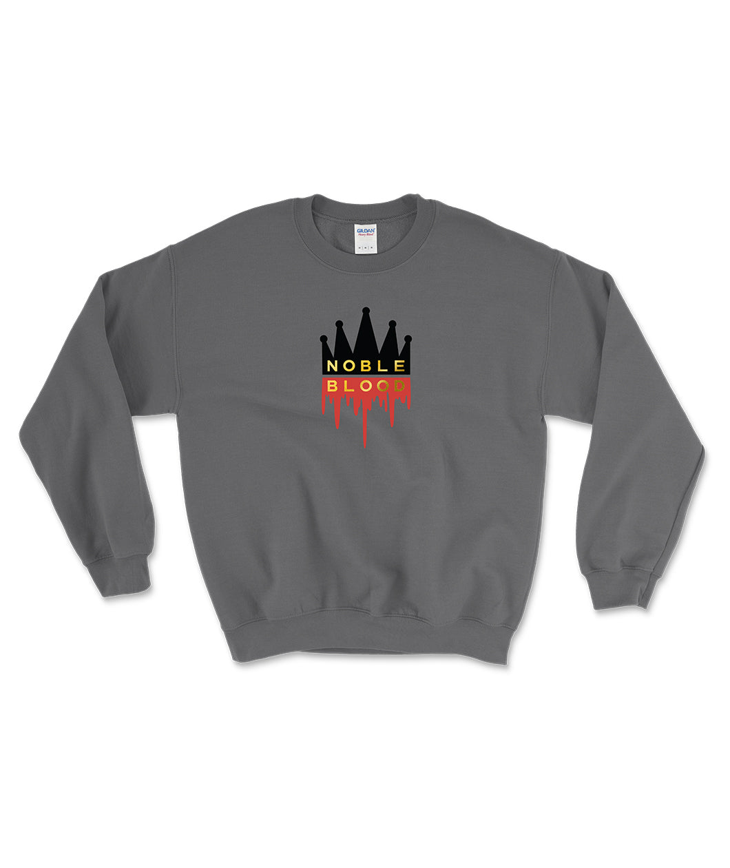 A grey crewneck with the Noble Blood logo in the front; A black crown with the word 